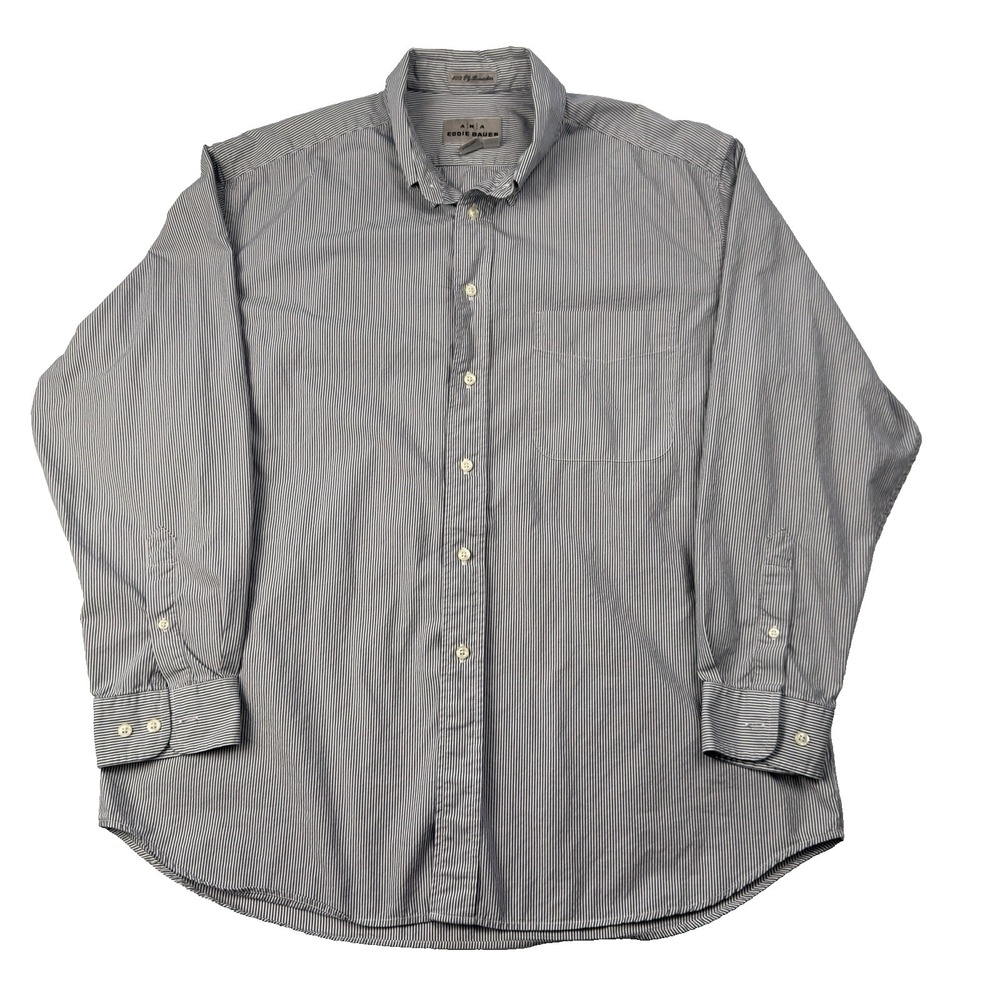 AKA Eddie Bauer Casual Shirt Mens Large White/Gray Striped 80/2 Ply Vintage‎